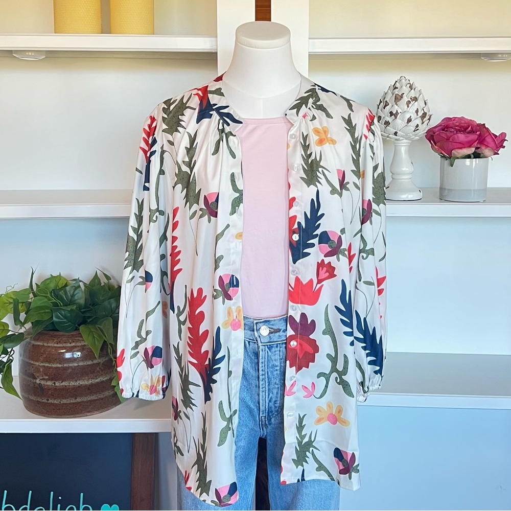 Womens Colorful Chiffon Button Blouse Floral 3/4 Sleeve Classic Loose Flowy Boho